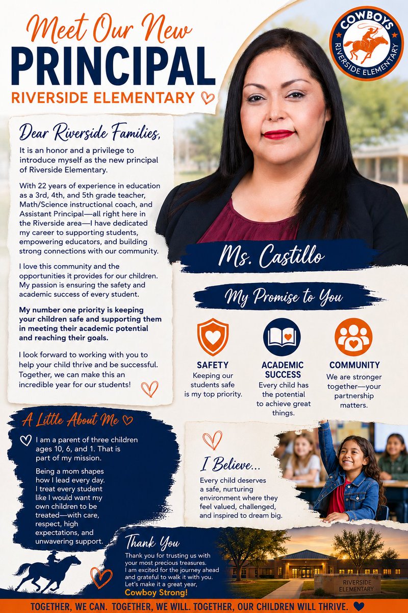 RiversideEleme2's tweet photo. Please join us in welcomingπ our new principal to the π« Riverside Elementary family! We're π excited for an amazing year ahead! ππ€ π§‘ @ycastillo_RES @YsletaISD @PK8Academics
#Welcome #RiversideElementary
#RiversideCowboys
#CowboyStrong https://t.co/MDsGCDz349