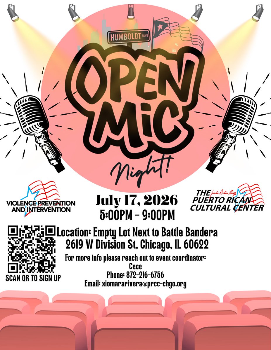 jacprcc's tweet photo. 🎤 You're invited to Open Mic Night! 🎶 Join us for an evening of creativity and powerful voices as local artists, poets, musicians, and performers take the stage! Whether you're performing or cheering on local talent, everyone is welcome. 
📅 Friday, July 17, 2026  🕔 5PM – 9PM  📍 Lot Next to Battle Bandera (2619 W Division St., Chicago, IL 60622)
🎙️ Want to perform? Sign up here: https://t.co/w5uDBZpcV5

Hosted by The Puerto Rican Cultural Center and the Violence Prevention & Intervention Initiative. 
#SupportLocalArtists #ChicagoEvents #HumboldtPark #BarrioBoriken