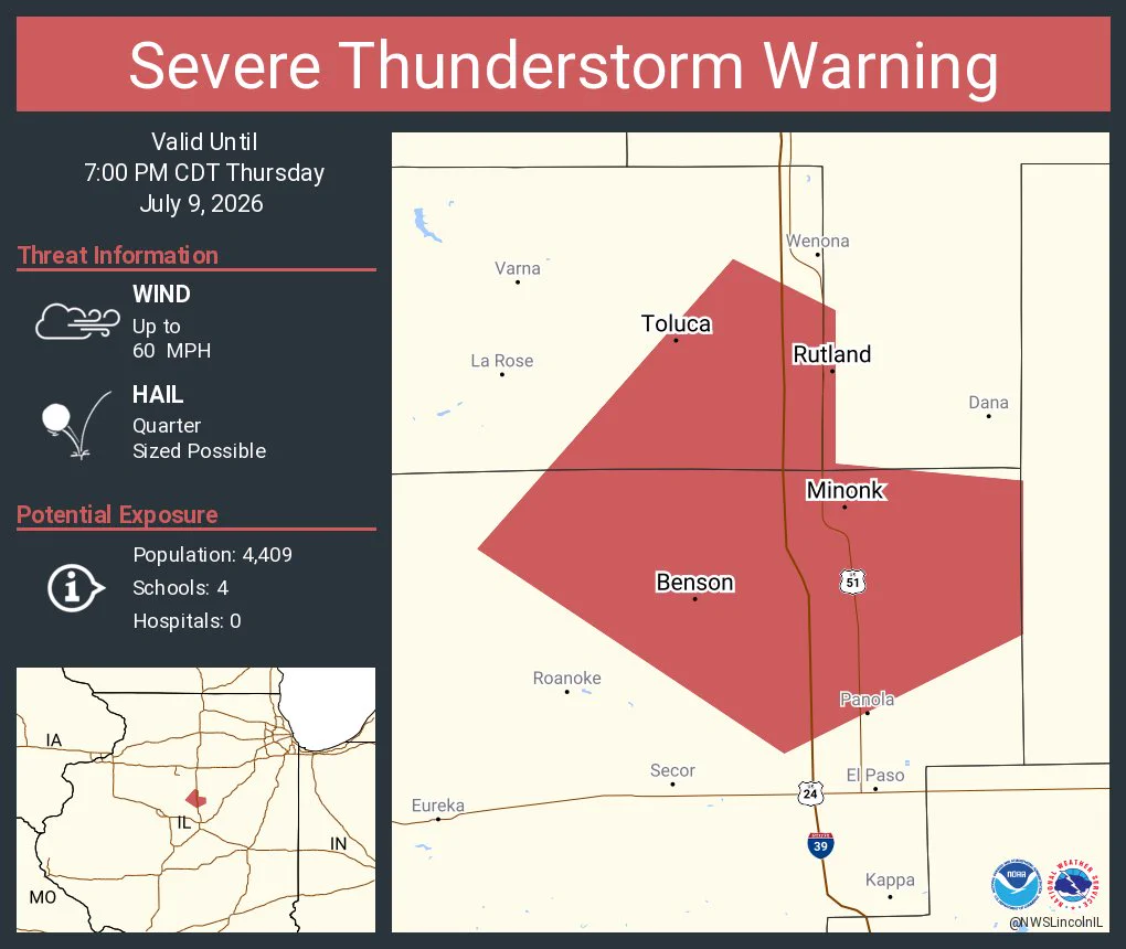This graphic displays a severe thunderstorm warning plotted on a map. The warning is in effect until 7:00 PM CDT. The warning includes Minonk IL, Toluca IL and Benson IL.  This warning is for Southeastern Marshall County in central Illinois and Northeastern Woodford County in central Illinois. The threats associated with this warning are wind gusts up to 60 MPH and quarter sized hail. There are 4,409 people in the warning along with 4 schools and 0 hospitals.