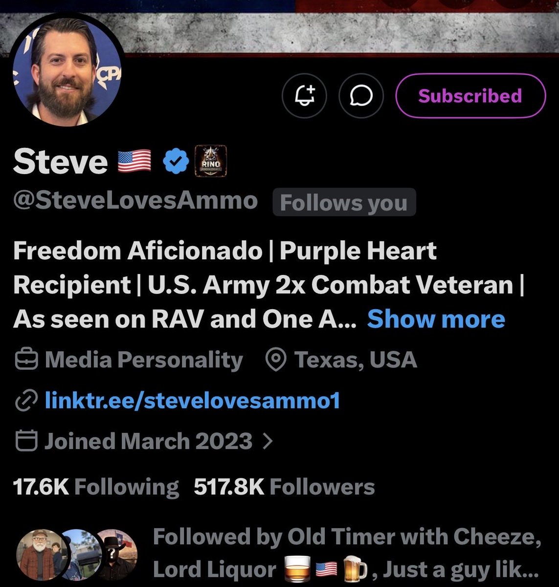 SgtT95's tweet photo. You want to follow a true American Hero?  Then @SteveLovesAmmo is a must.  A Army Combat Vet and Purple Heart recipient who fights tirelessly for the Conservative movement.  He host several Spaces and livestreams every week and you’ll enjoy each and every guest he interviews. Just hang out get to know him, it’s always a guaranteed good time!