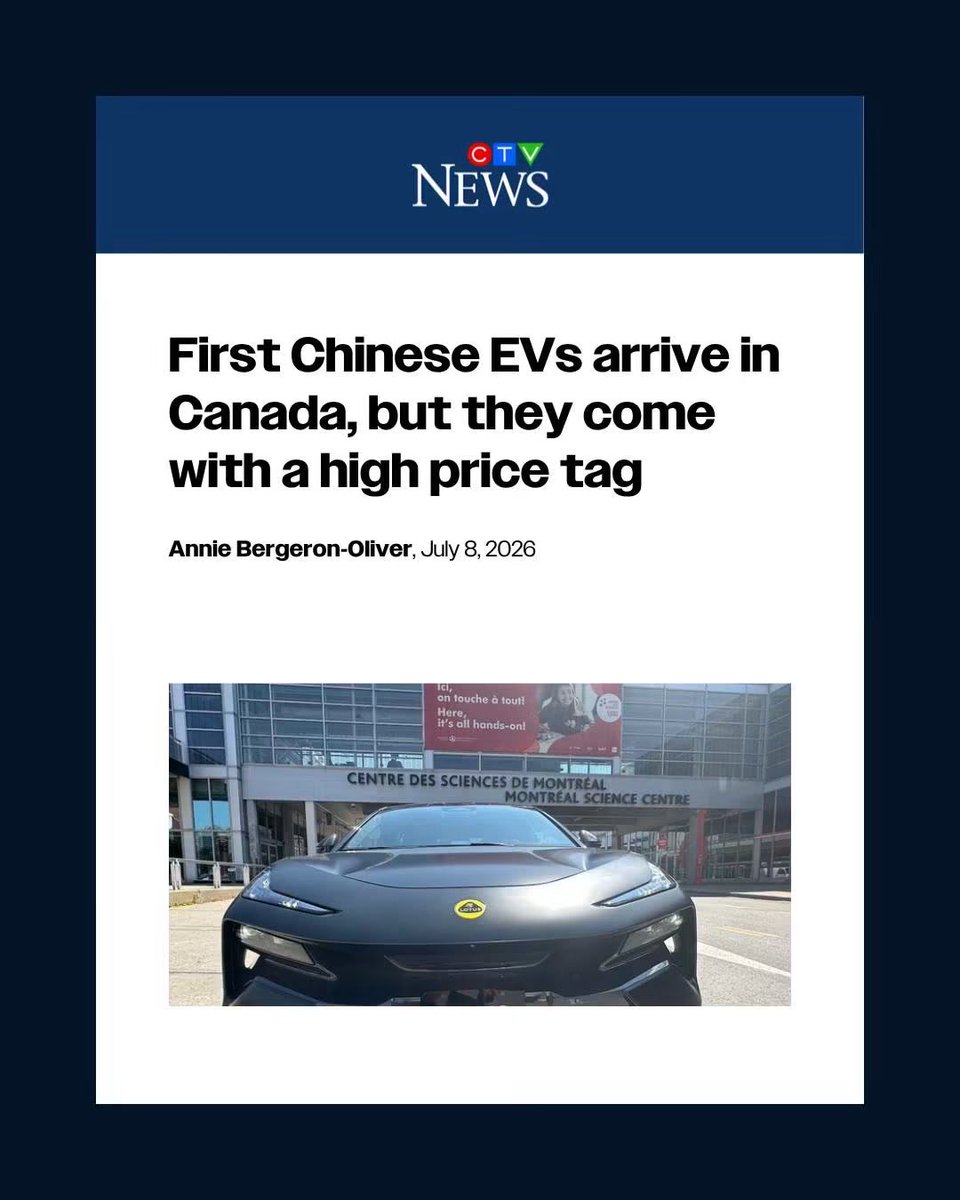 JMeharrie's tweet photo. Chinese EVs are coming to Canada with premium price tags, while the U.S. is keeping many Chinese connected vehicles out over national security concerns. If our closest ally sees a risk, why is Canada rolling out the welcome mat? Canadians deserve answers. 🇨🇦 https://t.co/ATZ7IRE0Xt