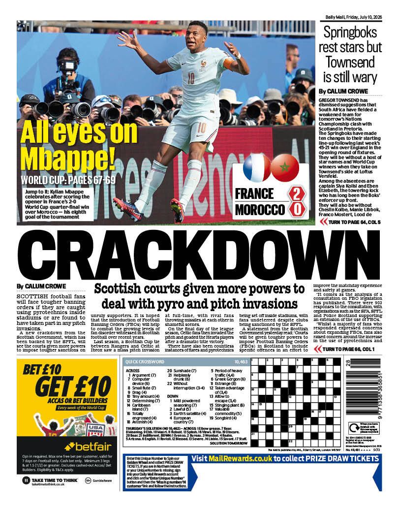 MailOnlineScot's tweet photo. CRACKDOWN

🗞️ Tomorrow's Scottish Daily Mail back page: #TomorrowsPapersToday #scotpapers 👉️ Read more on #mailonline https://t.co/4yx1zUvSMH
