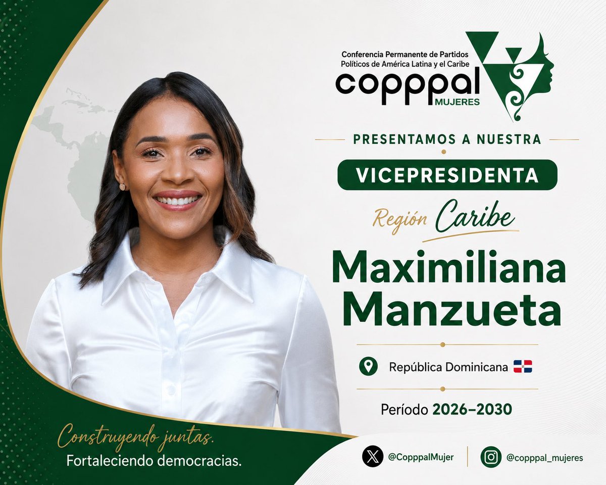 CopppalMujer's tweet photo. El Caribe tiene voz en #COPPPALMujeres. Presentamos a Maximiliana Manzueta, vicepresidenta para la región Caribe. Su liderazgo contribuirá a fortalecer el trabajo conjunto y la integración regional. #ConstruyendoJuntas https://t.co/ijoiHFLNdI