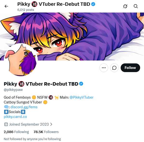 Gibs_KF's tweet photo. @RealJoshie2004 @RealSchlep @kofi_button That wasn't his main account. His biggest account is @pikkypaw.

Pikky has a lot of Twitter accounts, and he likes to change the handles a lot. Pikky changed one of his alts (@VtuberNE) to @PikkyVTuber. His current active account is @Burnedcced, which used to be @PikkyVTuber. https://t.co/Mt5IsES1bw