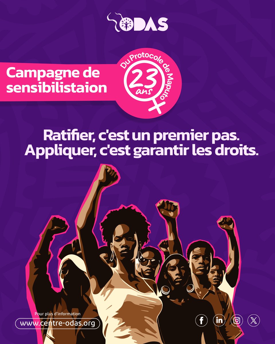 CentreOdas's tweet photo. La ratification du Protocole de Maputo est une avancée importante.
Mais un traité ne transforme pas, à lui seul, la vie des femmes.
Les États doivent mettre en œuvre leurs engagements à travers des lois, des politiques publiques, des financements adéquats et des services accessibles, afin que chaque femme puisse exercer pleinement ses droits, y compris son droit à l'autonomie corporelle.

#PasDeReculPM #ProtocoleDeMaputo #Maputo23 #AutonomieCorporelle #AvortementSécurisé #NotreCorpsNosDroits #MouvementODAS