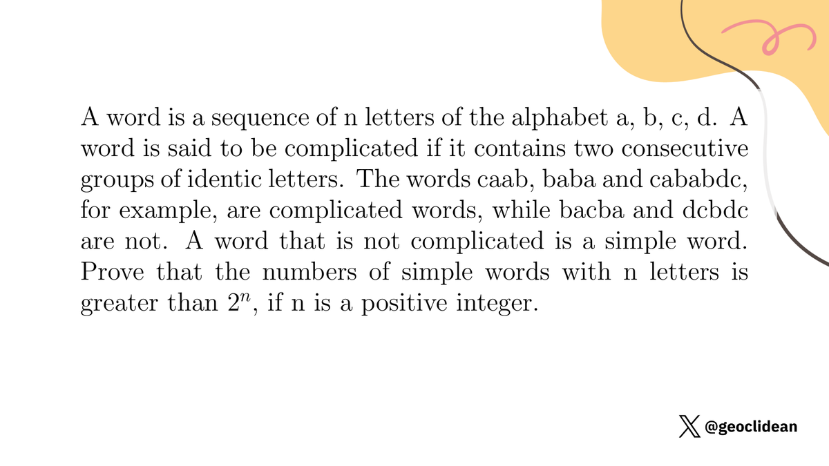 geoclidean's tweet photo. Simple words
#FloorFunction #Induction #CombinatoricsUnsolved #Combinatorics https://t.co/PrgG5Ugxmf