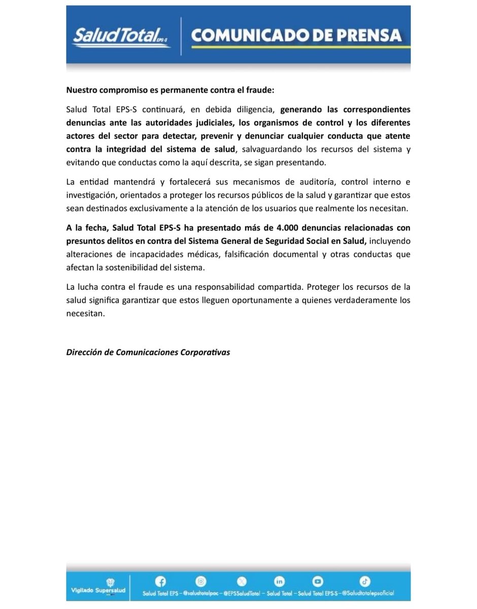 RonnySuarez_'s tweet photo. Una mujer fue condenada por falsificar una incapacidad médica: modificó un documento de 1 día para hacerlo pasar por 3. El caso no es aislado. @EPSSaludTotal asegura haber presentado más de 4.000 denuncias por presuntos fraudes que afectan recursos del sistema de salud 👇 https://t.co/jLXXtc7Hyv