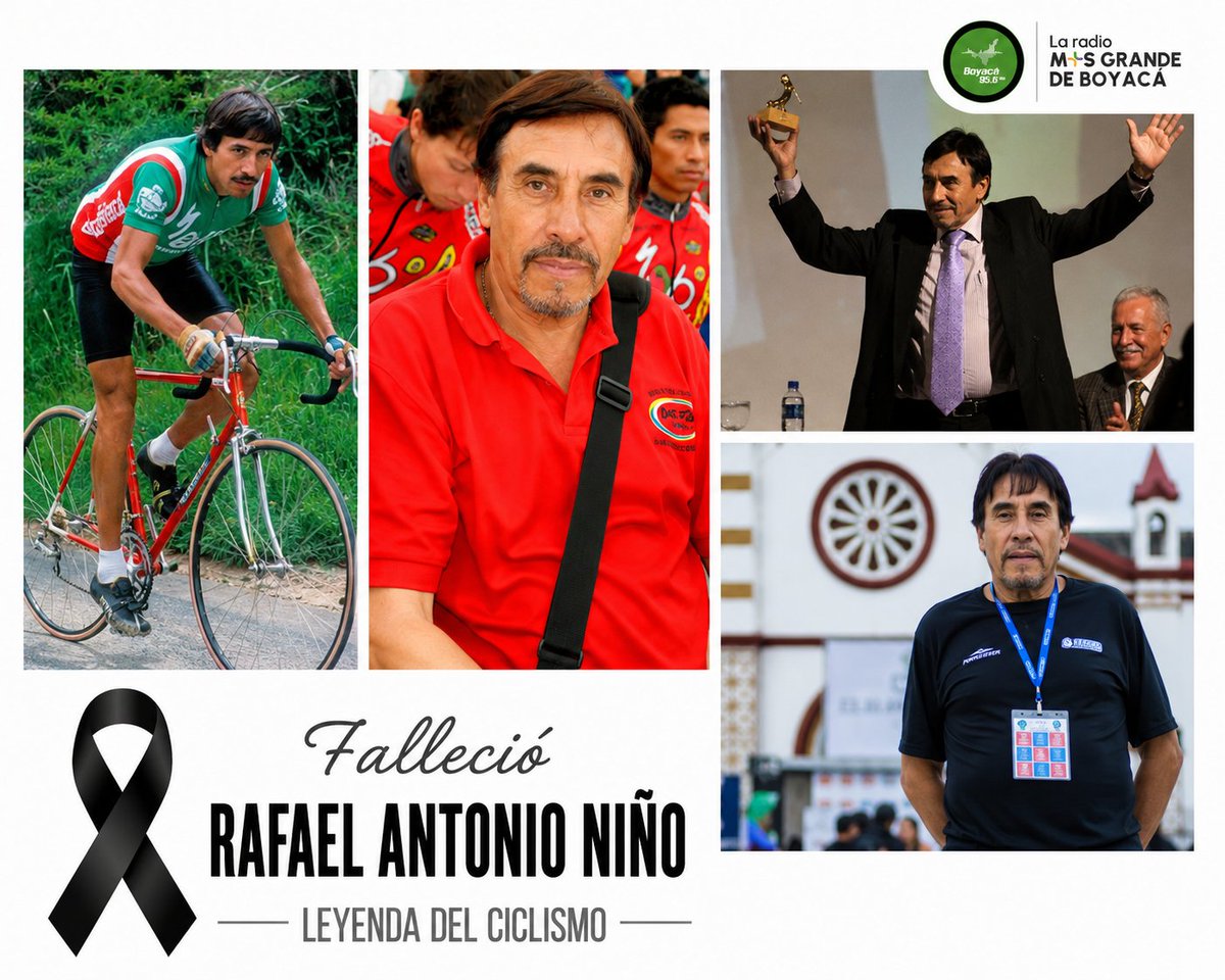 Boyaca95_6FM's tweet photo. #Luto 🕊️ Falleció Rafael Antonio Niño, leyenda del ciclismo colombiano.
El boyacense, seis veces campeón de la Vuelta a Colombia y cinco veces ganador del Clásico RCN, murió a los 76 años. Su legado marcó la historia del deporte nacional e inspiró a generaciones de ciclistas 🚴🇨🇴 https://t.co/A5bkvqaV43