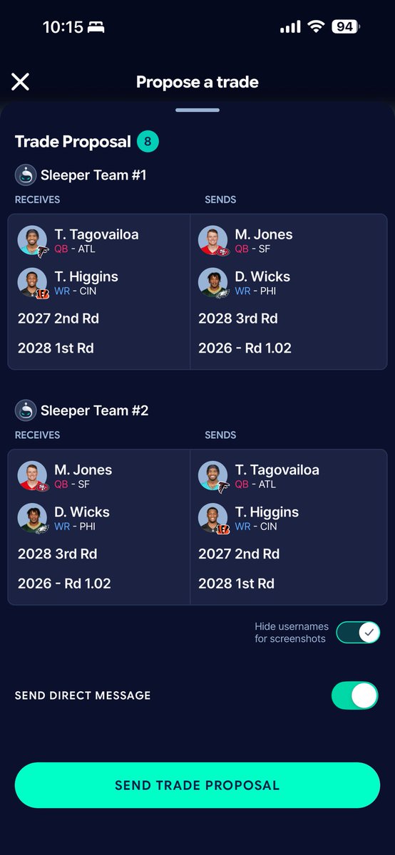 PartyBoySchuh's tweet photo. @FourPatsDynasty Thoughts on this offer for sending the 1.02 with the team above? https://t.co/DTJTvIo758