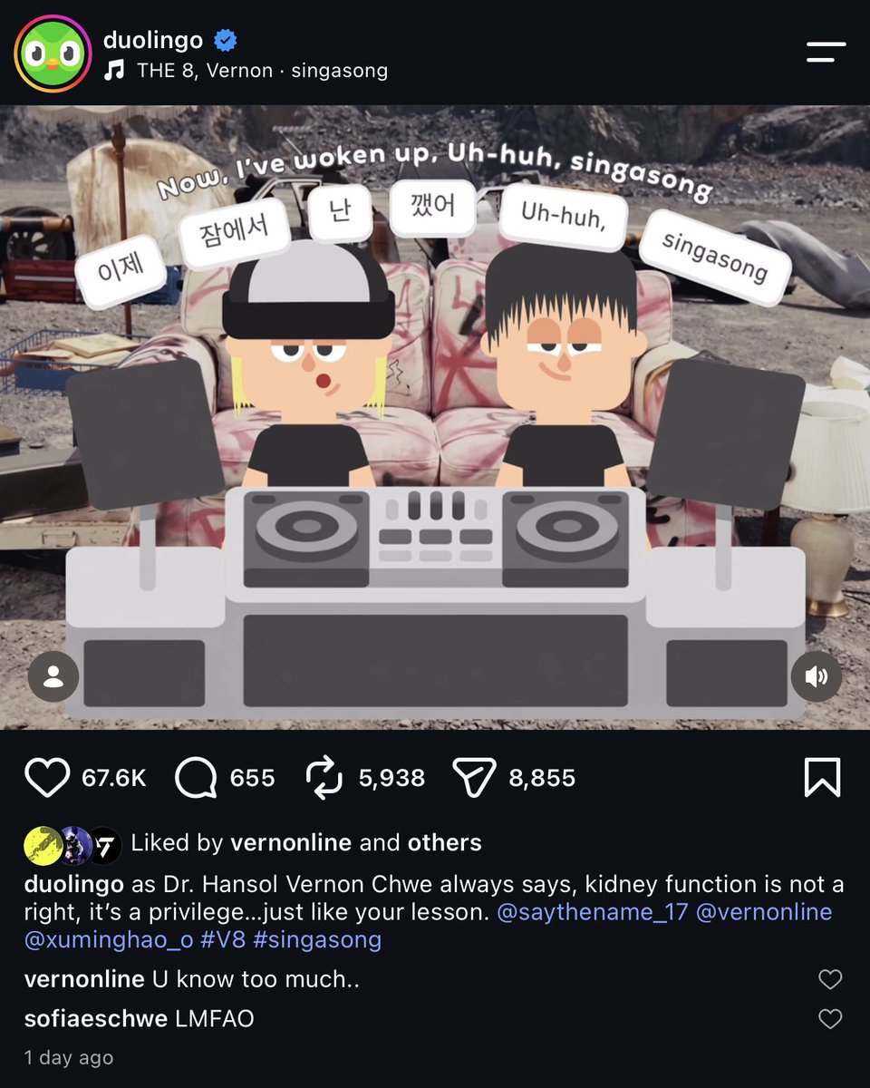 vernonsource's tweet photo. vernon commented on duolingo’s ig post!

🟢 as Dr. Hansol Vernon Chwe always says, kidney function is not a right, it’s a privilege… just like your lesson.
🐻‍❄️ U know too much..
🟢 chwenotchew x duonotdwuo moment https://t.co/bRRdVbaebv