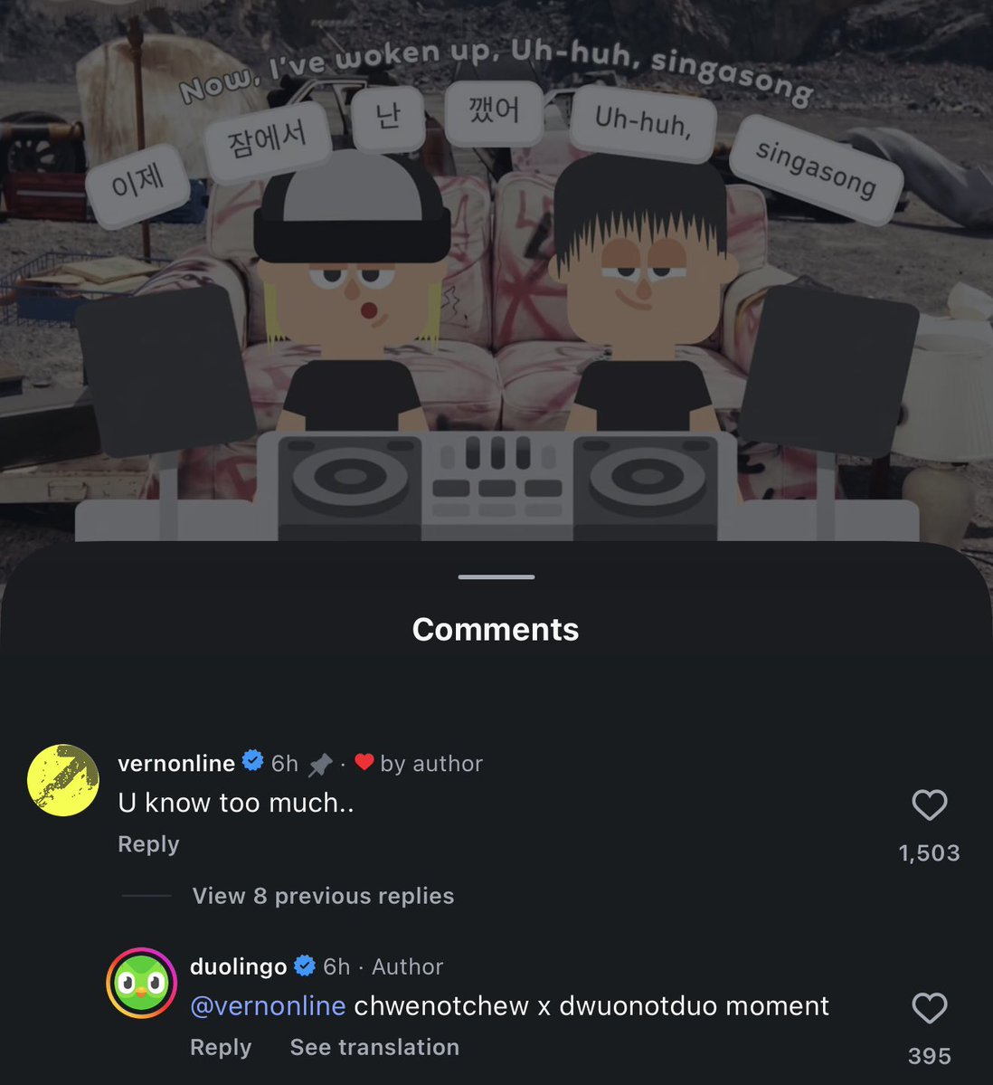 vernonsource's tweet photo. vernon commented on duolingo’s ig post!

🟢 as Dr. Hansol Vernon Chwe always says, kidney function is not a right, it’s a privilege… just like your lesson.
🐻‍❄️ U know too much..
🟢 chwenotchew x duonotdwuo moment https://t.co/bRRdVbaebv