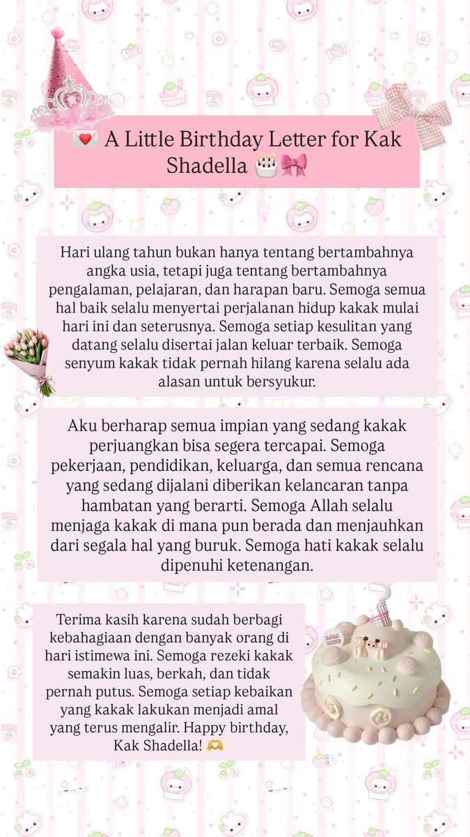 okumuraze's tweet photo. @shadellax HAPPY BIRTHDAY KAK SHADELLA 🥳🎂💗 semoga di usia yang baru ini kakak selalu sehat, panjang umur, dilimpahkan rezeki yang berkah, dan dikelilingi orang-orang yang tulus. semoga semua doa, harapan, dan mimpi kakak satu per satu dikabulkan. Have the happiest birthday, kak! 🫶🏻🎀🌸 https://t.co/IFqGyakOeS