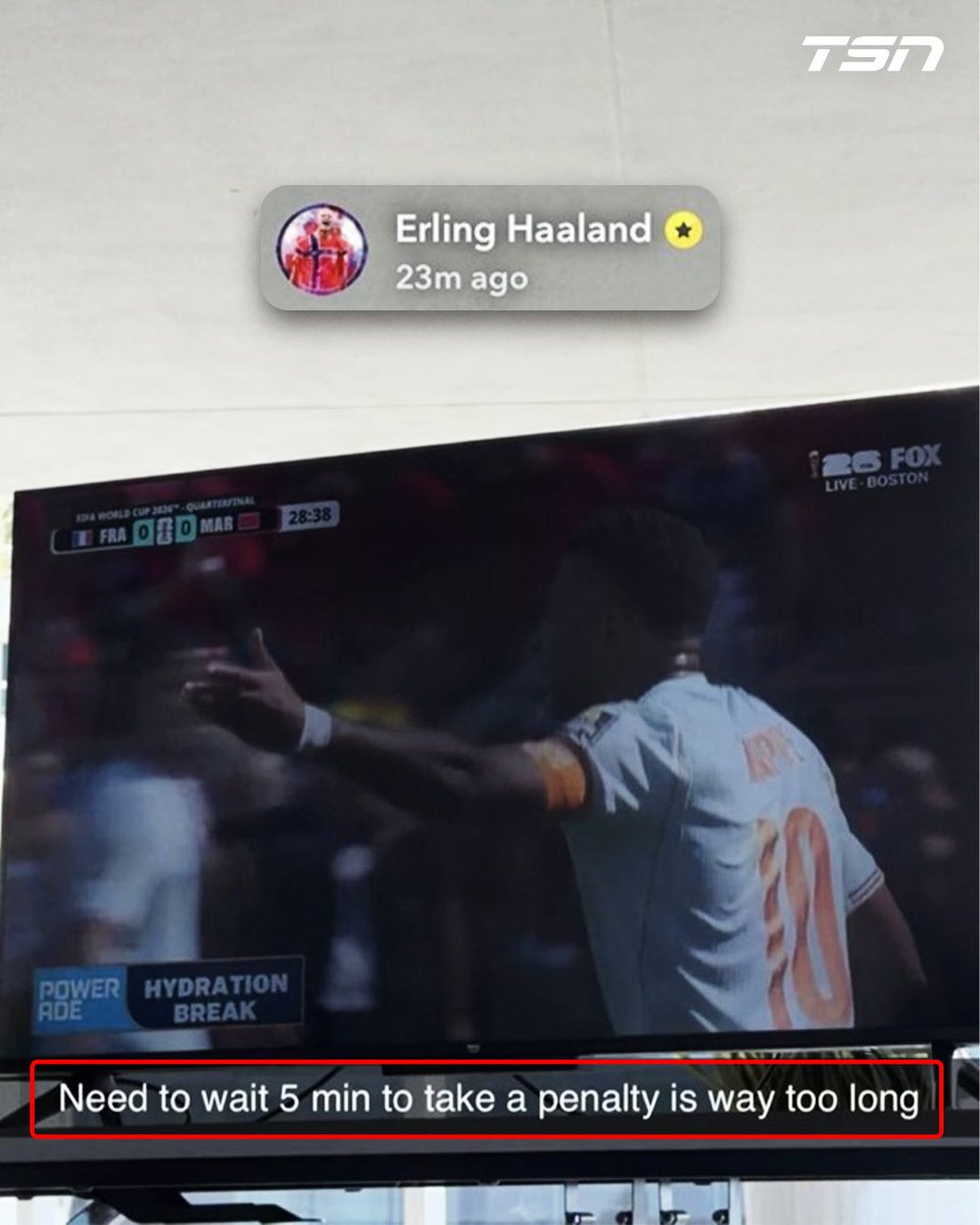 TSN_Sports's tweet photo. Erling Haaland was not impressed with VAR forcing Kylian Mbappé wait to take his penalty against Morocco. 👀

Mbappé ended up missing the penalty after a lengthy check while he stood overtop of the ball. #FIFAWorldCup

(via Erling Haaland / Snapchat) https://t.co/v9LYqKUgnl