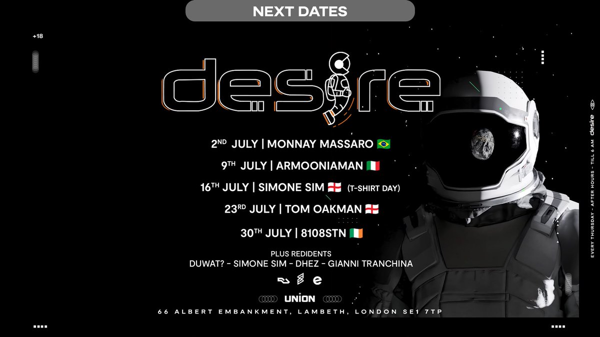 UnionVauxhall's tweet photo. DOORS TO Desire London are now OPEN from 12Midnight - 6am! Love, Team Union X https://t.co/SSX5h8vLqw