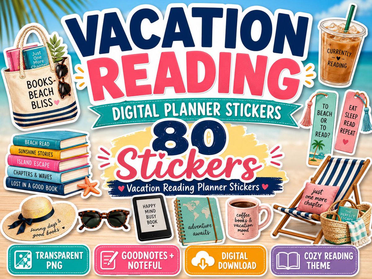 RobertoBorgono1's tweet photo. Booked and busy… reading edition 📚✈️ Our Vacation Reading Digital Planner Stickers include 80 transparent PNG stickers to add sunny, bookish vibes to your digital plans! Tap here for details or to buy: https://t.co/lVpye3n8M5 #DigitalPlanner #BookishVibes https://t.co/IjsMAqeSZY