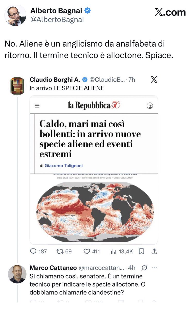 marcocattaneo's tweet photo. E niente, vanno sempre in coppia. Peccato che alieno derivi dal latino, e sia considerato un calco dall’inglese solo nell’accezione di extraterrestre. Fateglielo sapere, al professore, che io sono bloccato. https://t.co/00lJa42KhA