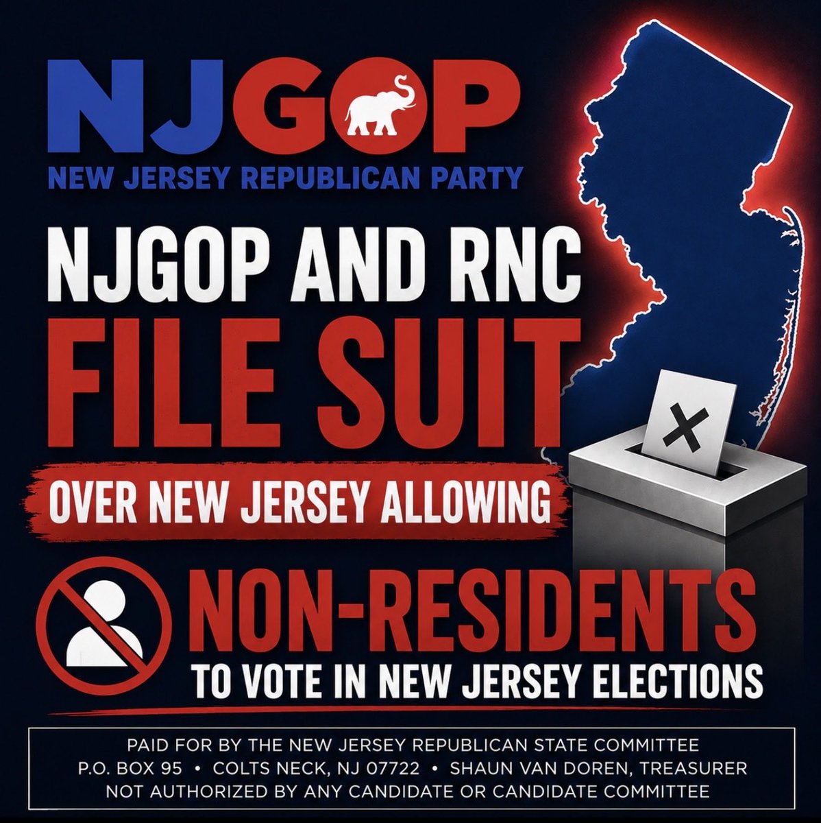 NJGOP's tweet photo. 🚨 BREAKING: The NJGOP and RNC file suit over a law that allows certain people who have never lived in New Jersey to register and vote in our state elections. 

New Jersey elections should be decided by eligible New Jersey voters. Period.

➡️ Read the full release here: https://t.co/3wryTQKZm6