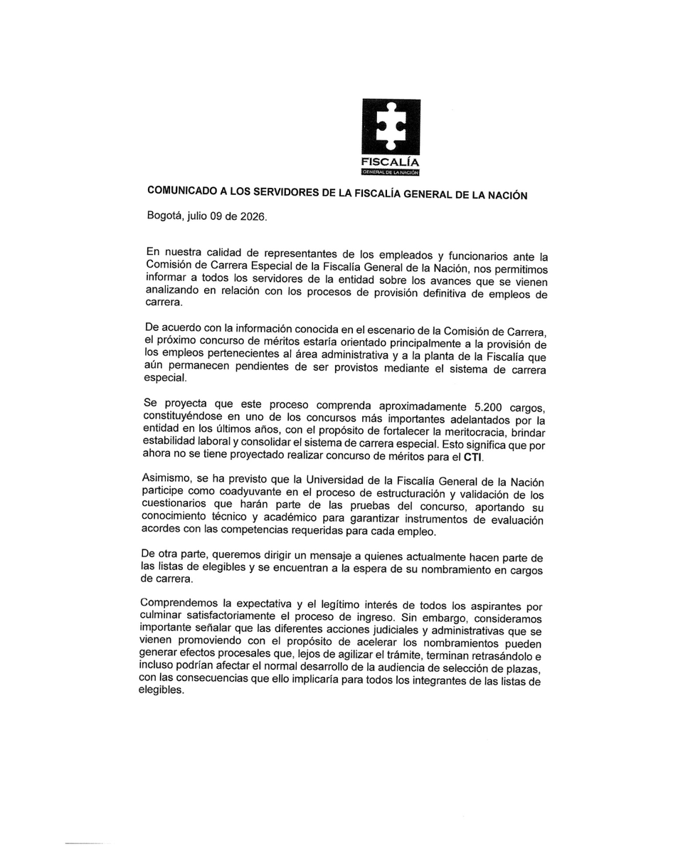 Unisercti's tweet photo. 📢 Representantes de la Comisión de Carrera Especial de la @FiscaliaCol informan avances sobre la provisión de empleos de carrera.

Conoce el comunicado de Óscar Toro y José Arley Vanegas 👇 👇 https://t.co/9Ba2VUfWHy