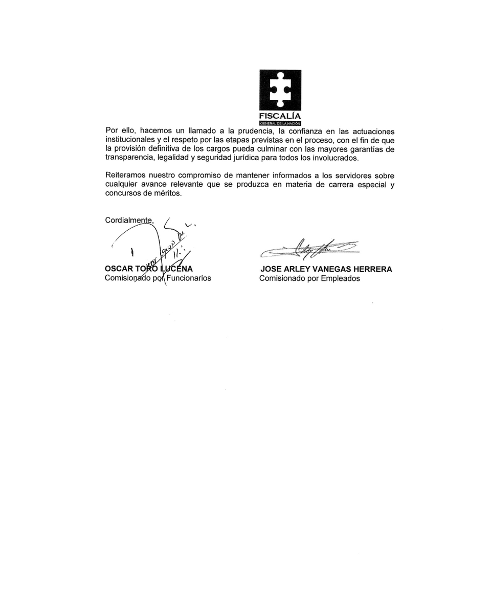 Unisercti's tweet photo. 📢 Representantes de la Comisión de Carrera Especial de la @FiscaliaCol informan avances sobre la provisión de empleos de carrera.

Conoce el comunicado de Óscar Toro y José Arley Vanegas 👇 👇 https://t.co/9Ba2VUfWHy