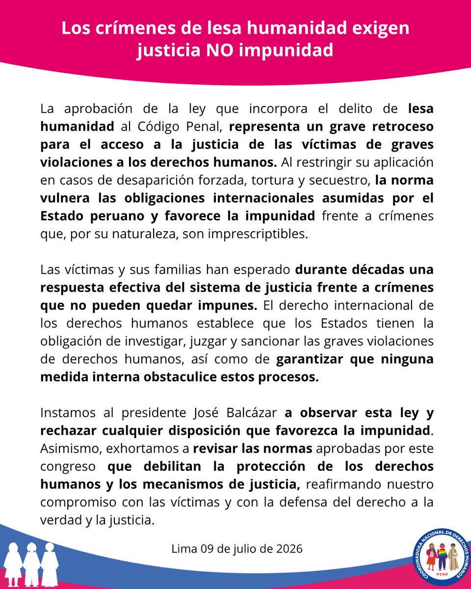 cnddhh's tweet photo. 🚨#Pronunciamiento 
La aprobación de la ley que incorpora el delito de lesa humanidad al Código Penal, representa un grave retroceso para el acceso a la justicia de las víctimas de graves violaciones a los derechos humanos.

🔴 Instamos al presidente José Balcázar a observar esta ley y reafirmamos nuestro compromiso con las víctimas y la defensa del derecho a la verdad, la justicia y la reparación.
@presidenciaperu