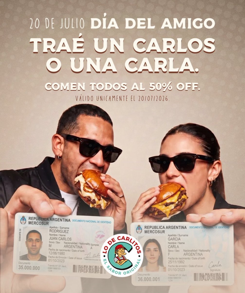 ahorraconana's tweet photo. Si sos CARLA O CARLOS o tenés algún amigo/a con ese nombre, el 20/7 en LO DE CARLITOS, tienen 50% de descuento en TODA LA CARTA!
Lleven el DNI! (Obligatorio)
TODOS LOS LOCALES PARTICIPAN!
Etiqueten a los que conozcan y pónganse recordatorio 😉 https://t.co/W7GHc83Cd3