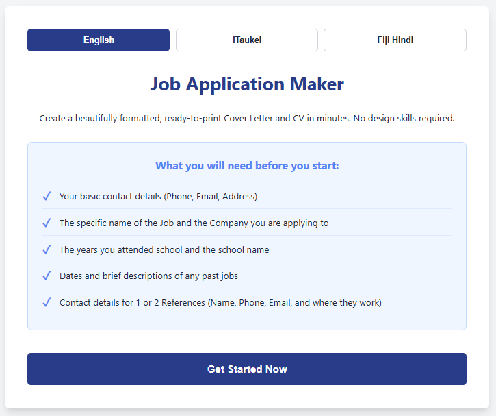 VITIBOY_'s tweet photo. geeked out yesterday after reading this tweet, and created a "opensource/free" website where people can generate their own Cover Letter and CV with a little of information you feed it. 

it even comes in 3 different languages: Vosa Vaka Viti, Fiji Baat and English. https://t.co/r4ZWBTGQAS