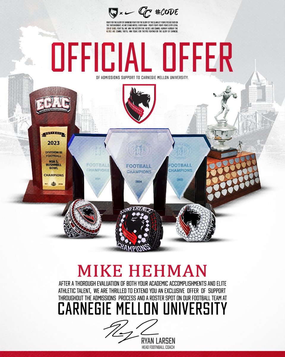 MikeHehman95's tweet photo. After many insightful conversations with @Coach_Kay19 and @CoachGibboney, I am excited to humbled to receive an offer to continue my athletic and academic career at @CarnegieMellon with @TartanFB! I am so thankful for this amazing opportunity! Go Tartans!  @CoachRyanLarsen https://t.co/zxMlWdqMk1