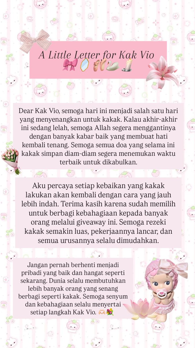 okumuraze's tweet photo. @vioasyle donee!! 🌷🤍 terimakasih banyak yaa kak Vio udah mau berbagi rezeki ke banyak orang 🥹 semoga kakak sehat selalu, bahagia selalu, rezekinya makin lancar, semua urusan dimudahkan, serta selalu dikelilingi orang" baik. wishing you endless happiness and all the best, kak! ☺🫶🏻✨ https://t.co/1xrmlRto4k