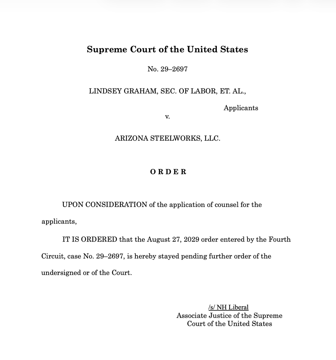PoliSimCourts's tweet photo. Justice NH has issued a temporary administrative stay of the Fourth Circuit's decision declaring OSHA's rulemaking authority unconstitutional. OSHA may operate as the application is considered; an order from the full Court is to come. https://t.co/rKtnaddiz4