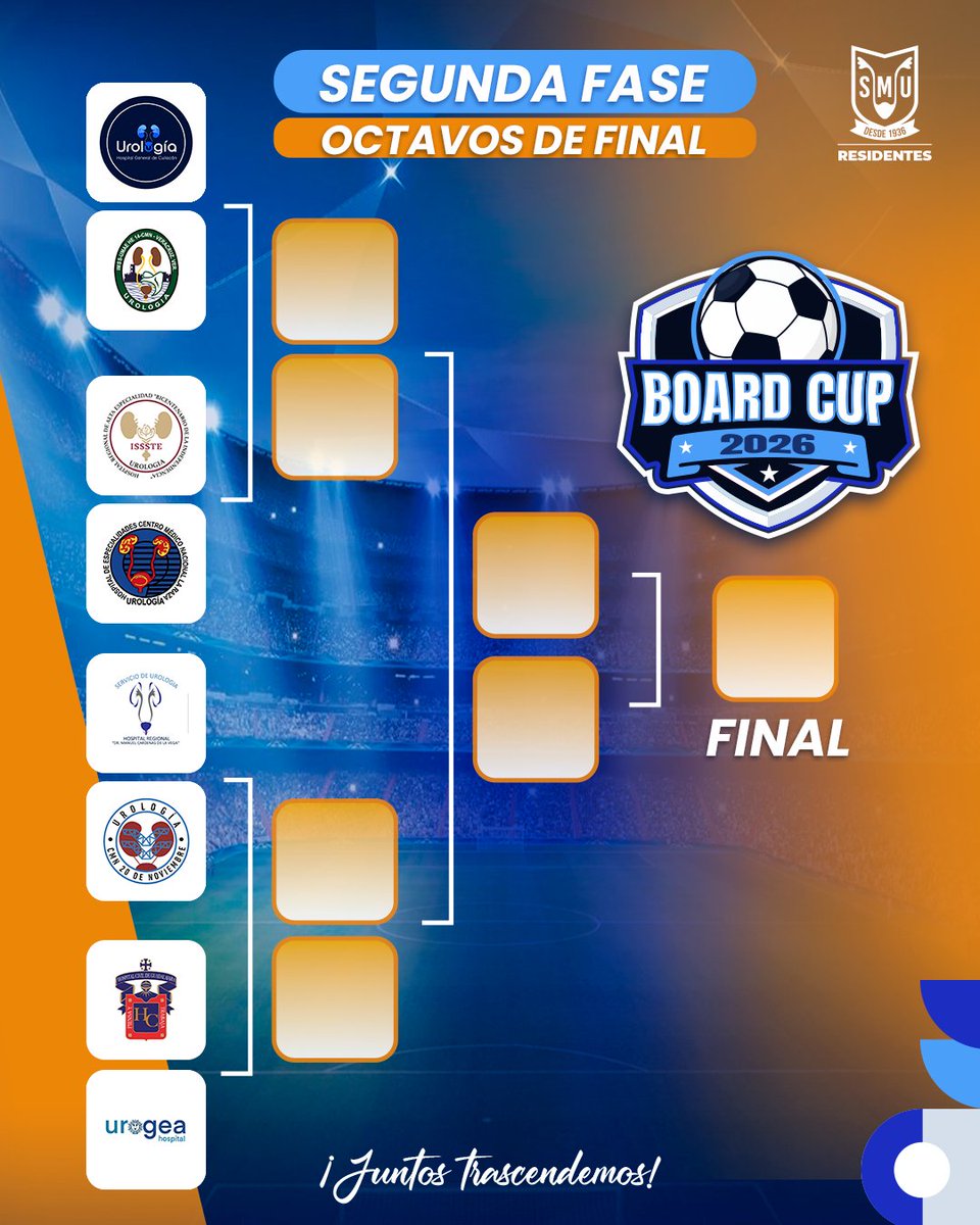 Residentes_SMU's tweet photo. ⚽🏆 ¡Descubre a los equipos clasificados para los Octavos de Final del #BoardCup26!

Tras una intensa fase de grupos, los hospitales que demostraron mayor preparación, estrategia y solidez académica avanzaron a la siguiente ronda, donde tendremos dos nuevas modalidades:

🎯 "Centro, Remate y Gol" con Residentes 1 a 1.
🥅 Penales en caso de empate.

Acompaña a los futuros líderes de la urología en este gran torneo académico, ¡te esperamos el sábado 25 de julio!
#SMU26 #JuntosTrascendemos #ResidentesSMU #Urología