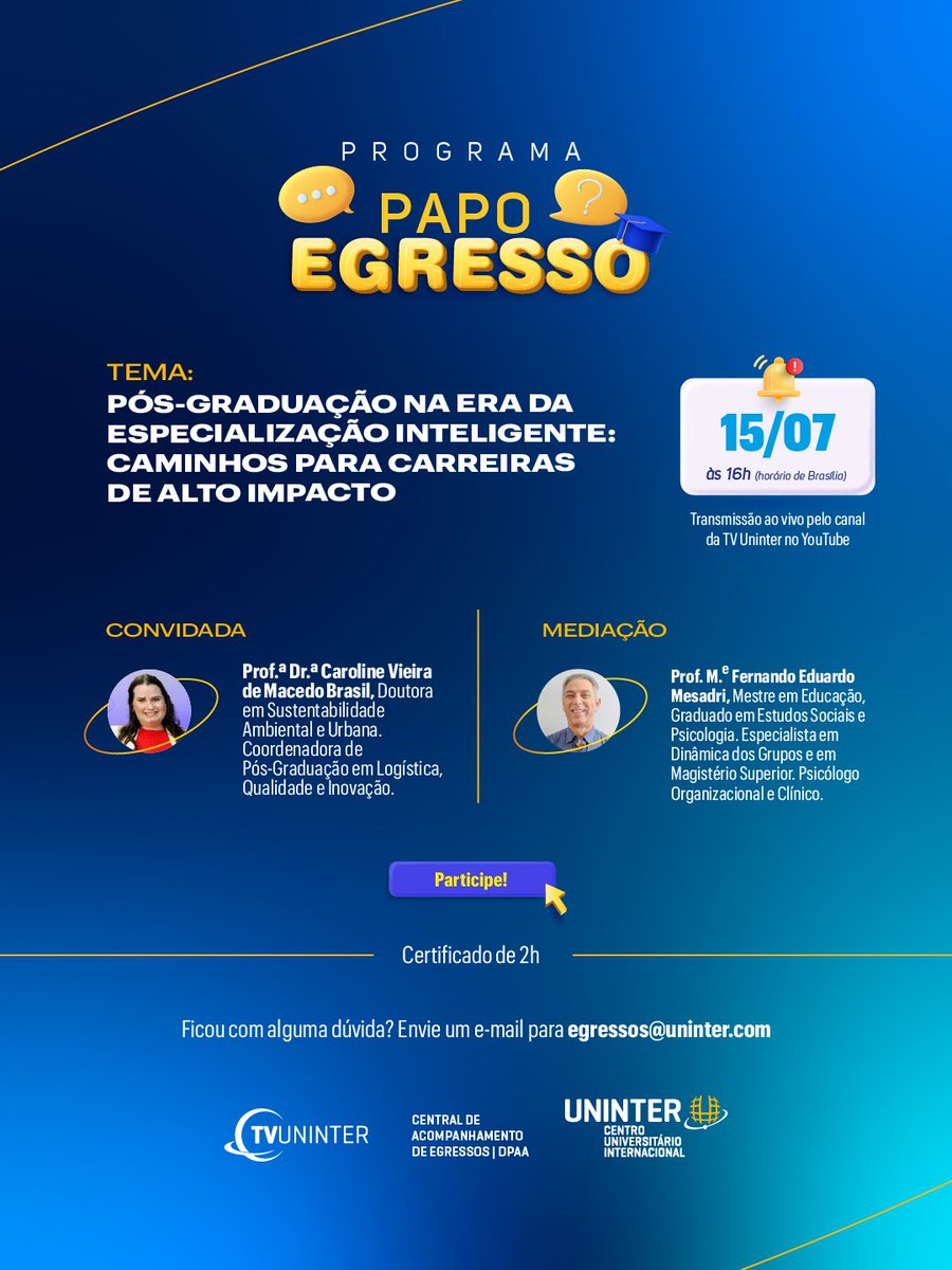 UNINTERBOTAFOGO's tweet photo. 🖥️ Transmissão ao vivo pelo canal da TV Uninter no YouTube 
https://t.co/o7Vwk7v2G8
📲 INSCREVA-SE! 
📄 Certificado de 2h 
Ficou com alguma dúvida? Envie um e-mail para egressos@uninter.com https://t.co/ywaEdIJVKd
