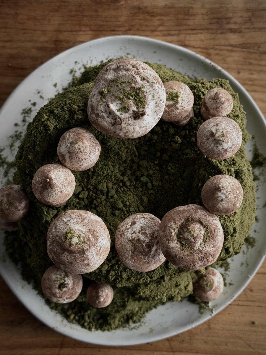 theclovecoterie's tweet photo. Fairy circle cake 🧚🍄‍🟫✨

Chocolate sponge, vanilla bean cake soak, whipped dark chocolate espresso ganache, peach jam, fig leaf buttercream, matcha biscoff crumble moss &amp; meringue mushrooms 

Full recipe up now <3 https://t.co/IVN5Q1NZFj
