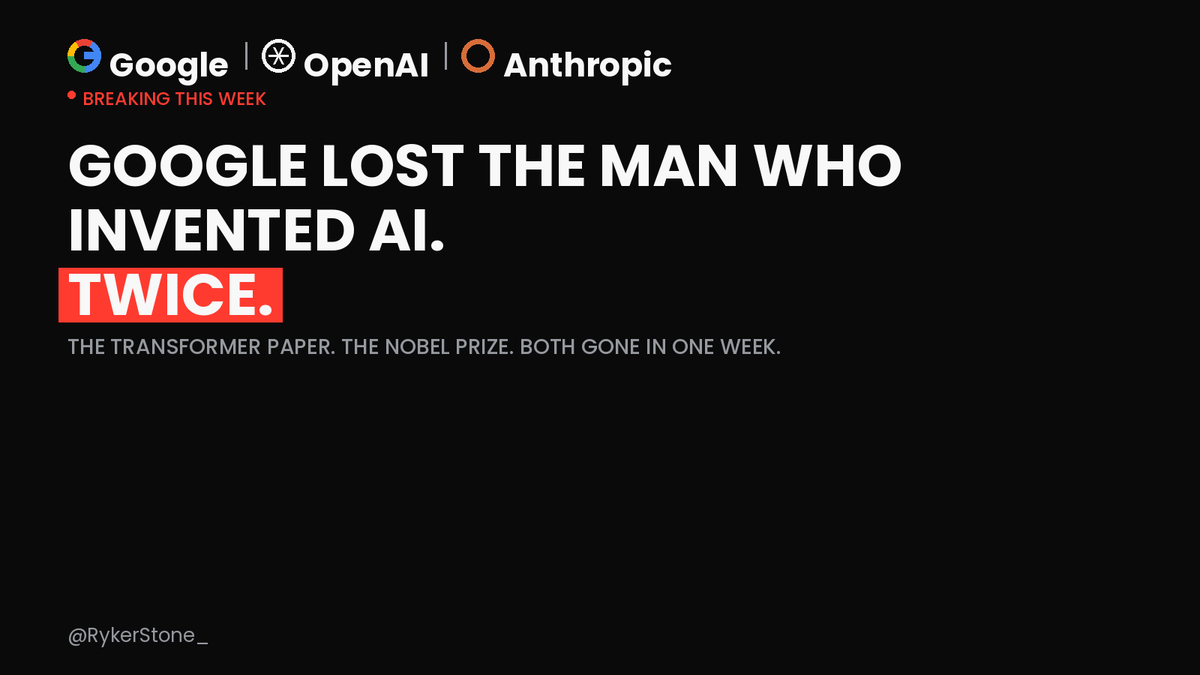 RykerStone123_'s tweet photo. Google lost the man who invented the Transformer. Then lost the man who won the Nobel Prize for AI.

In the same week. To OpenAI and Anthropic. And Alphabet stock dropped 5%.

Here's why this is the most important thing that happened in AI this month: 🧵 https://t.co/SXhW4KuBrn