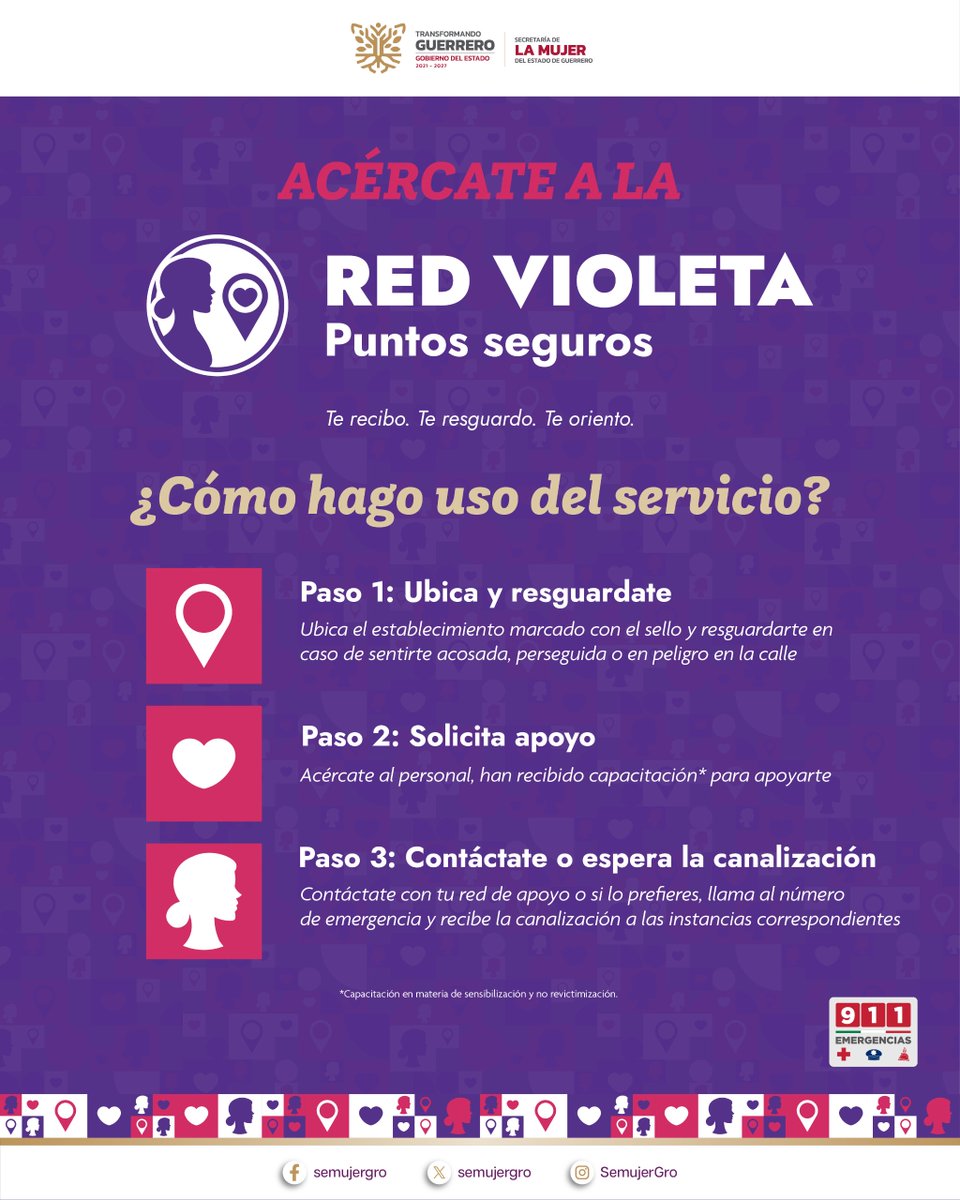 SemujerGro's tweet photo. La #RedVioleta Puntos Seguros, es una iniciativa del
@Gob_Guerrero que transforma establecimientos comerciales y oficinas públicas de #Acapulco en espacios seguros para las mujeres ante situaciones de violencia o vulnerabilidad.
En situación de riesgo, acércate a un Punto Seguro. https://t.co/OzDVFQkgr4