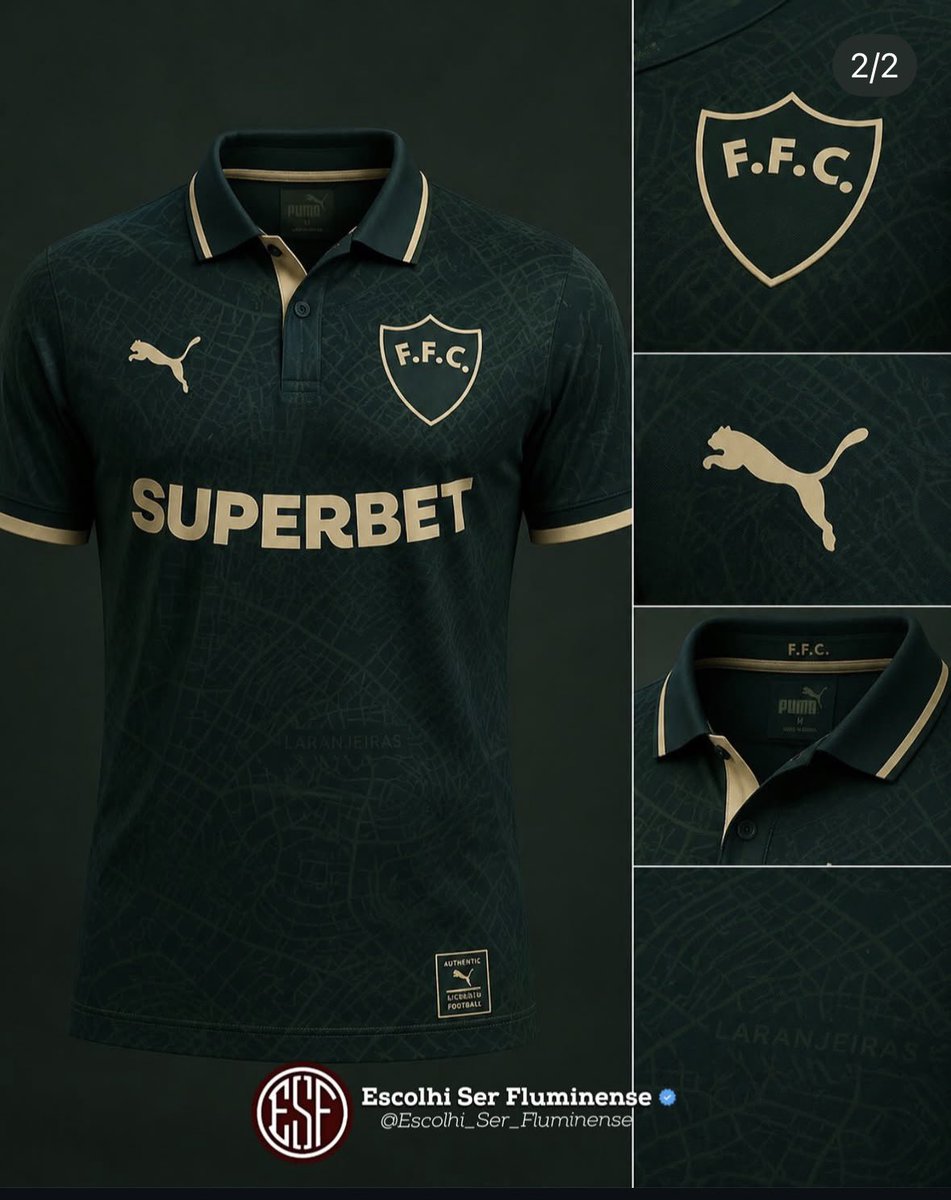 Victorg_Lessa's tweet photo. Em votação realizada nesta quinta-feira, em Laranjeiras, o Conselho Deliberativo do Fluminense aprovou por unanimidade o novo terceiro uniforme para 2026. O lançamento será em breve. 

A peça elaborada pela Puma tem como cor predominante o verde escuro, com os detalhes em bege. A camisa terá gola polo e marca d’água com o mapa de Laranjeiras em um tom mais escuro. 

Os detalhes do novo uniforme foram revelados incialmente pelos amigos do GE. Em contato com um conselheiro, ouvi que a camisa ficou “espetacular”.

Abaixo, uma representação feita através de IA pelo perfil “escolhi ser Fluminense”, com base nas informações divulgadas. 

Reforçando: não se trata de uma imagem real.