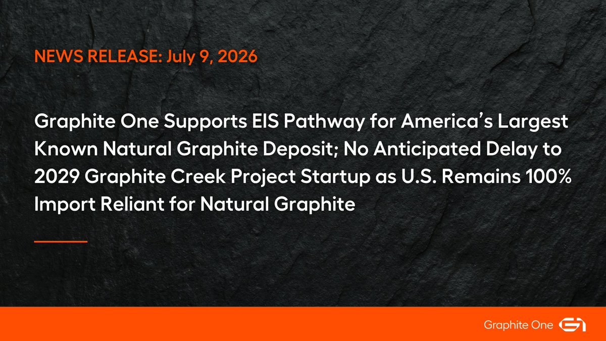 GraphiteOne's tweet photo. Graphite One $GPH.V | $GPHOF Supports EIS Pathway for America’s Largest Known Natural Graphite Deposit; No Anticipated Delay to 2029 Graphite Creek Project Startup as U.S. Remains 100% Import Reliant for Natural Graphite

▶️ Full release: https://t.co/vj2kv3R5bJ https://t.co/2dDI2ENVGA