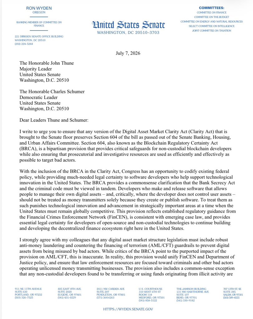 BobJoyceH's tweet photo. 🚨 NEW: Sen. Ron Wyden is urging Senate leaders to keep the Blockchain Regulatory Certainty Act (BRCA) in the Clarity Act, protecting crypto developers from being wrongly labeled "money transmitters" just for writing code. While the Wyden-Lummis provision still lets the DOJ hunt https://t.co/lKJYgAvpoh