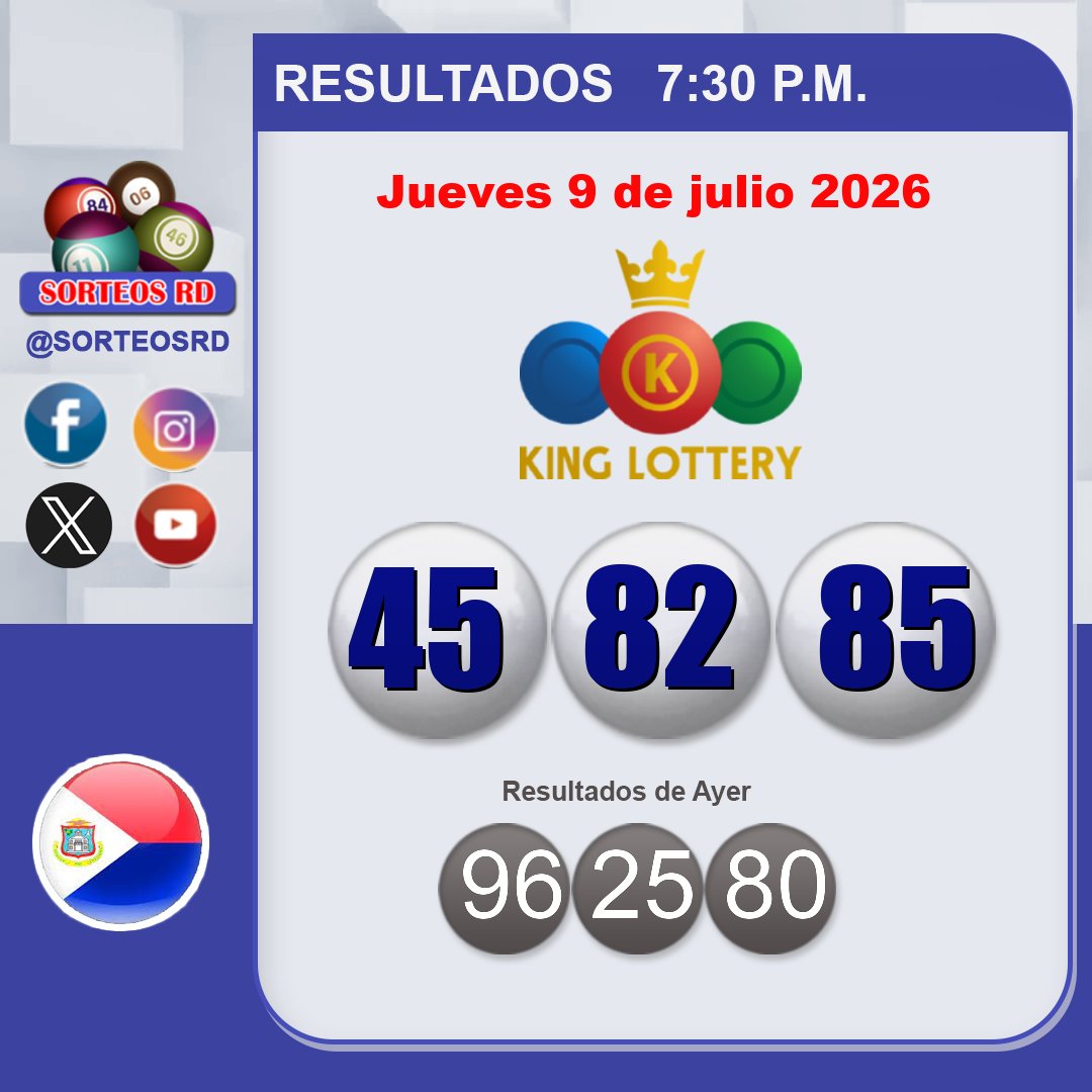 SorteosRD's tweet photo. Resultados King Lottery Noche 🍀🎉
 🗓 Jueves 9 de julio 2026 ⏰ 7:30 P.M.
 #kinglottery #sorteosrd #resultados

 Juega con responsabilidad. https://t.co/HNMa7jluN5