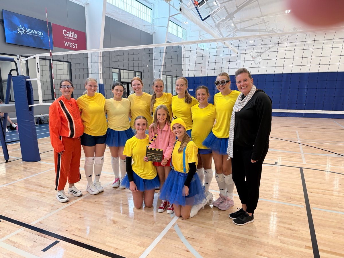 AquinasNation's tweet photo. The volleyball team brought home 2nd and 3rd in their respective tournament brackets today at the Seward team camp. They also earned “best of show” in the costume contest as the cutest minions and crew! Way to radiate joy and positivity girls! #monarchvb https://t.co/RzkUODDtiT