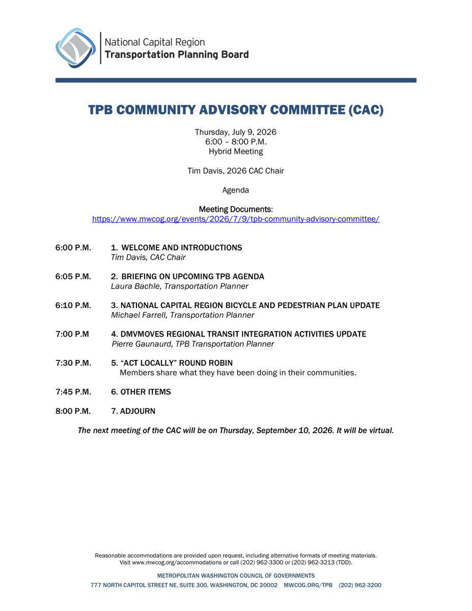 jeffparnes's tweet photo. Agenda for the July 2026 @MWCOG @NatCapRegTPB
#TPBCAC (Transportation Planning Board Community Advisory Board) on which I'm a Virginia representative https://t.co/cQ5KWsx64e https://t.co/8TkstmT6F4