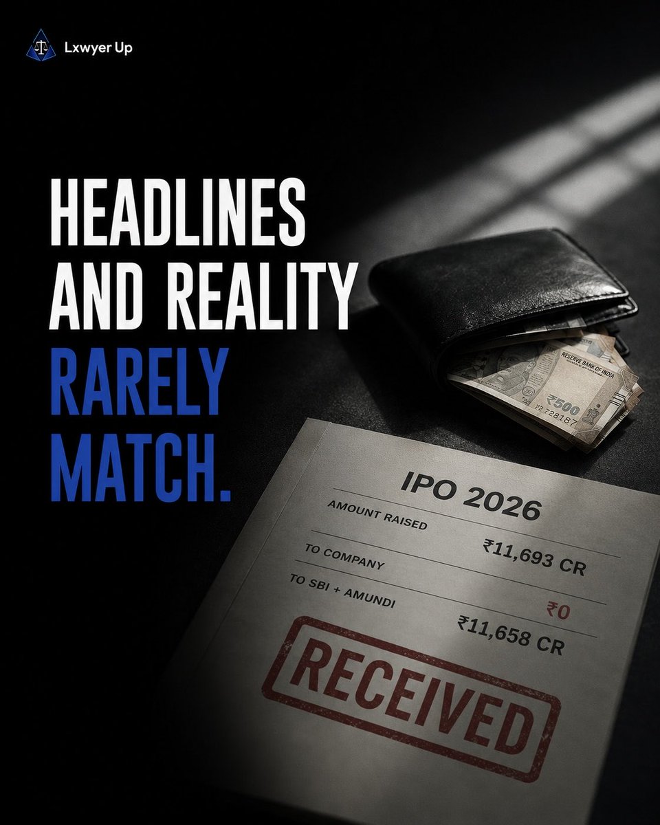 LxwyerUp's tweet photo. India's biggest IPO of 2026: ₹11,693 cr.
The company raising it gets ₹0.
SBI and Amundi pocket ₹11,658 cr instead.
Headlines and reality rarely match.
Same with a "case resolved" that the client never actually understood.

#ipo #SBIPO https://t.co/ZLfHbleUG2