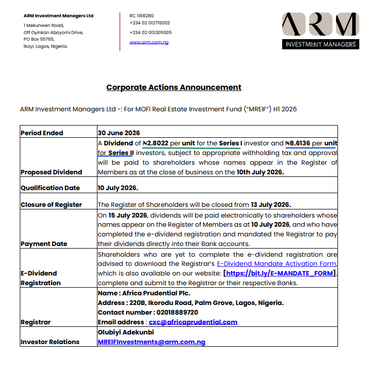 PaprSwing's tweet photo. 📌 Key Dates   
🔖 Qualification Date: 10 July 2026 
🚫 Register Closes: 13 July 2026 
💳 Payment Date: 15 July 2026 (E-dividend mandated accounts only)
🏢 Registrar: Africa Prudential Plc 
📧 cxc@africaprudential.com
📨 Investor Relations: MREIFInvestments@arm.com.ng https://t.co/rL1imSh7Sf