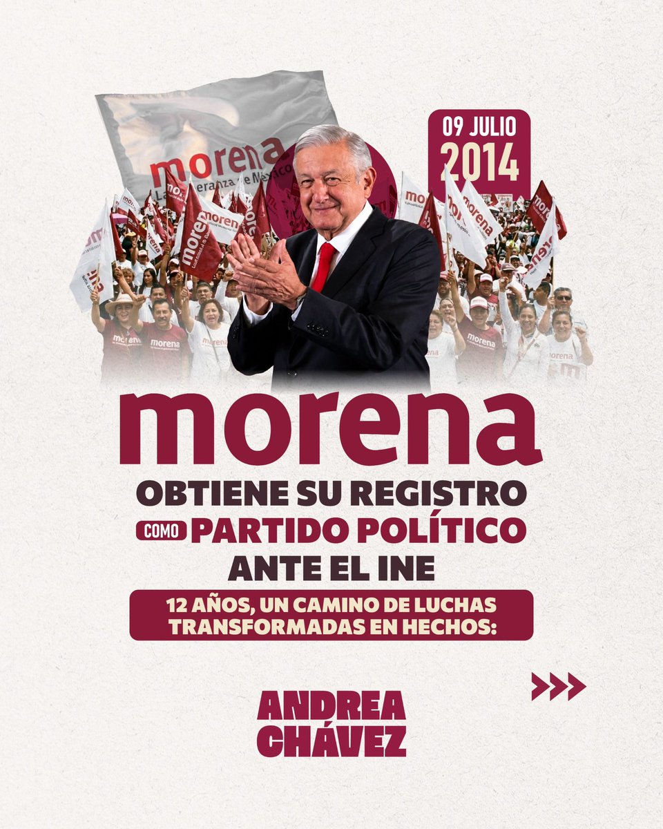 AndreaChavezTre's tweet photo. Morena es mi partido, el único en el que he militado, el que me devolvió junto a millones de mexicanos la esperanza en la política como herramienta para mejorar la vida del pueblo. 

Hoy cumple 12 años desde su registro, y le ha dado muchas, muchísimas victorias a nuestro pueblo. https://t.co/0XiwXkOajq