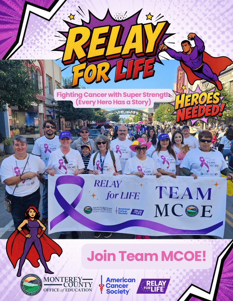 MCOE_Now's tweet photo. Join Team MCOE at the American Cancer Society Relay For Life of the Salinas Valley! 

Event Details:
📅Date: Saturday, September 19, 2026
🕝Time: 4:00 p.m. – 8:00 p.m.
📍Location: 100 block of Main Street (Downtown Salinas)
💜Join Team MCOE today: https://t.co/eiguJnhRs3 https://t.co/sGucklikjK