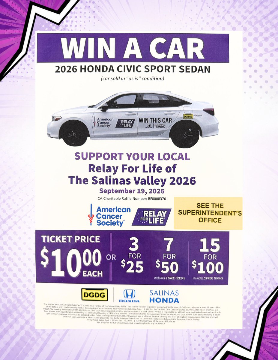 MCOE_Now's tweet photo. Join Team MCOE at the American Cancer Society Relay For Life of the Salinas Valley! 

Event Details:
📅Date: Saturday, September 19, 2026
🕝Time: 4:00 p.m. – 8:00 p.m.
📍Location: 100 block of Main Street (Downtown Salinas)
💜Join Team MCOE today: https://t.co/eiguJnhRs3 https://t.co/sGucklikjK