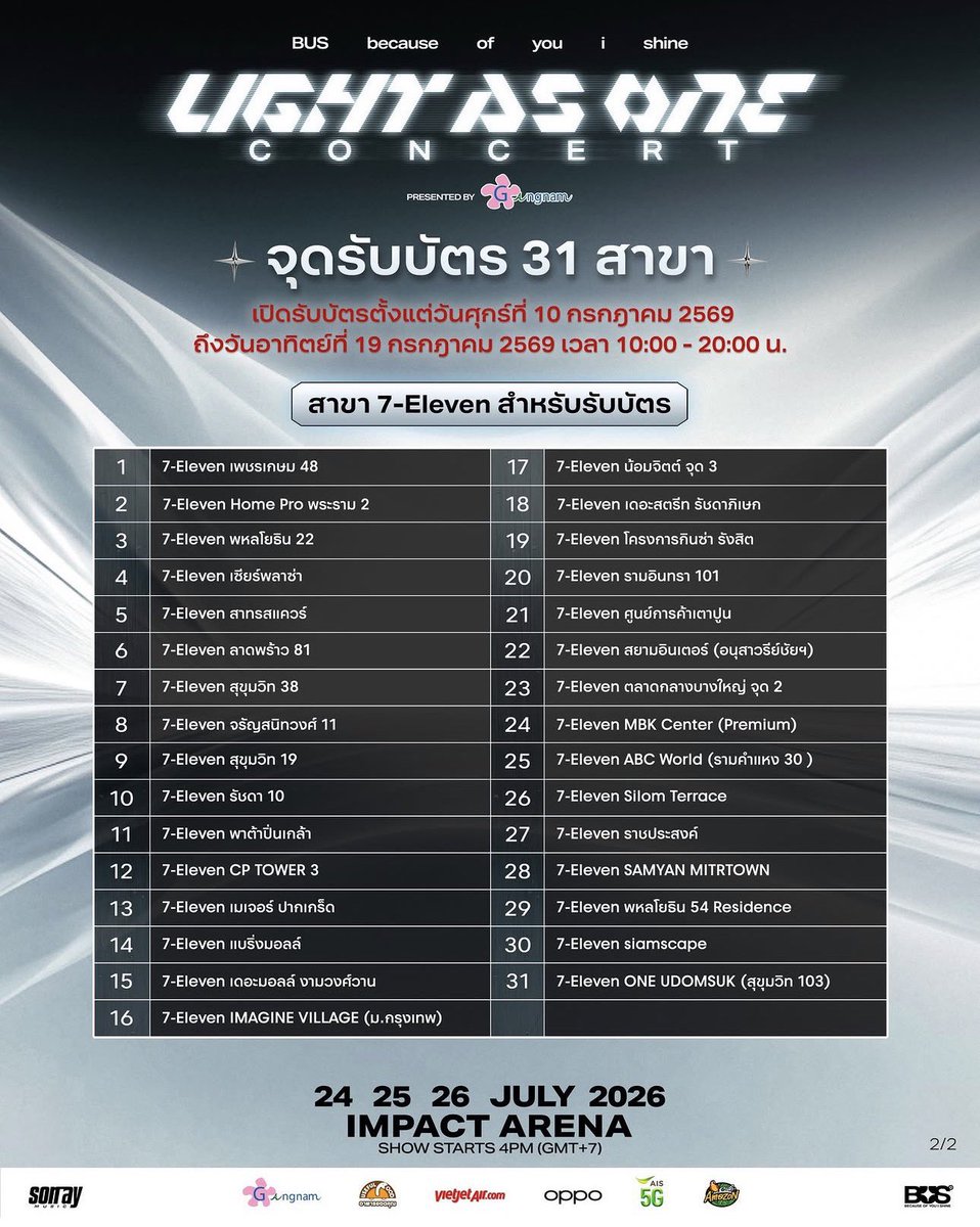 aoeiidefs's tweet photo. 📢 สรุปการรับบัตร BUS LIGHT AS ONE CONCERT

🗓 รับบัตรได้วันที่ 10–19 ก.ค. 2569
⏰ เวลา 10:00–20:00 น.

🎫 ช่องทางรับบัตร
1. รับล่วงหน้าที่ 7-Eleven เฉพาะสาขาที่กำหนด
2. รับหน้างาน จุดรับบัตร ALL TICKET

👤 รับบัตรด้วยตัวเอง
✅ หลักฐานการชำระเงิน (ใบเสร็จ / SMS / Email)
✅ บัตรประชาชน หรือ ThaiD / ใบขับขี่ / หนังสือเดินทาง (ตัวจริง)

👥 รับบัตรแทน
✅ หลักฐานการชำระเงิน
✅ บัตรประชาชน (หรือเอกสารยืนยันตัวตน) ของผู้ซื้อและผู้รับแทน
✅ ใบมอบอำนาจที่ลงลายเซ็นเรียบร้อย

💡 แนะนำ: หากจะรับบัตรหน้างาน ควรไปก่อนเวลาอย่างน้อย 2 ชั่วโมง เพื่อเผื่อเวลาต่อคิวน้าา

📍 BUS LIGHT AS ONE CONCERT
🗓 24–26 กรกฎาคม 2569
📍 Impact Arena

#BUS_LIGHTASONE