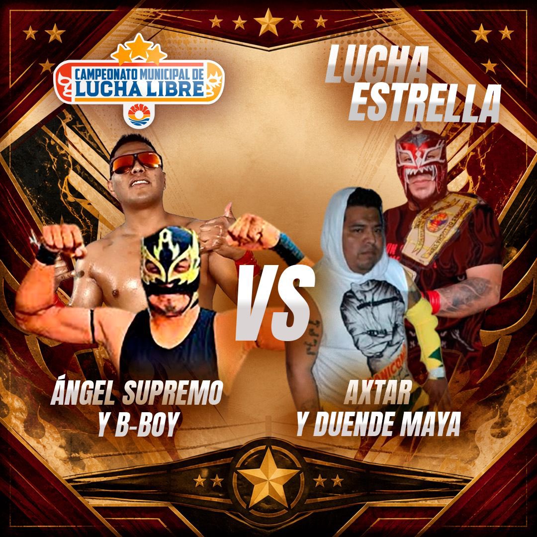 AytoCancun's tweet photo. 🥊 Este sábado acompáñanos en la cuarta eliminatoria del Campeonato Municipal de Lucha Libre y disfruta de un evento gratuito para toda la familia.
(1/2) https://t.co/Rsa20PmbmV