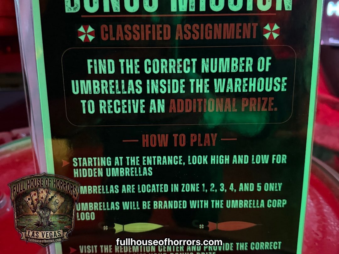 fullhousehorror's tweet photo. New side mission! Umbrella scavenger hunt! #ResidentEvil #HorrorUnleashed #REBHFun https://t.co/3Y9sn4fWUH