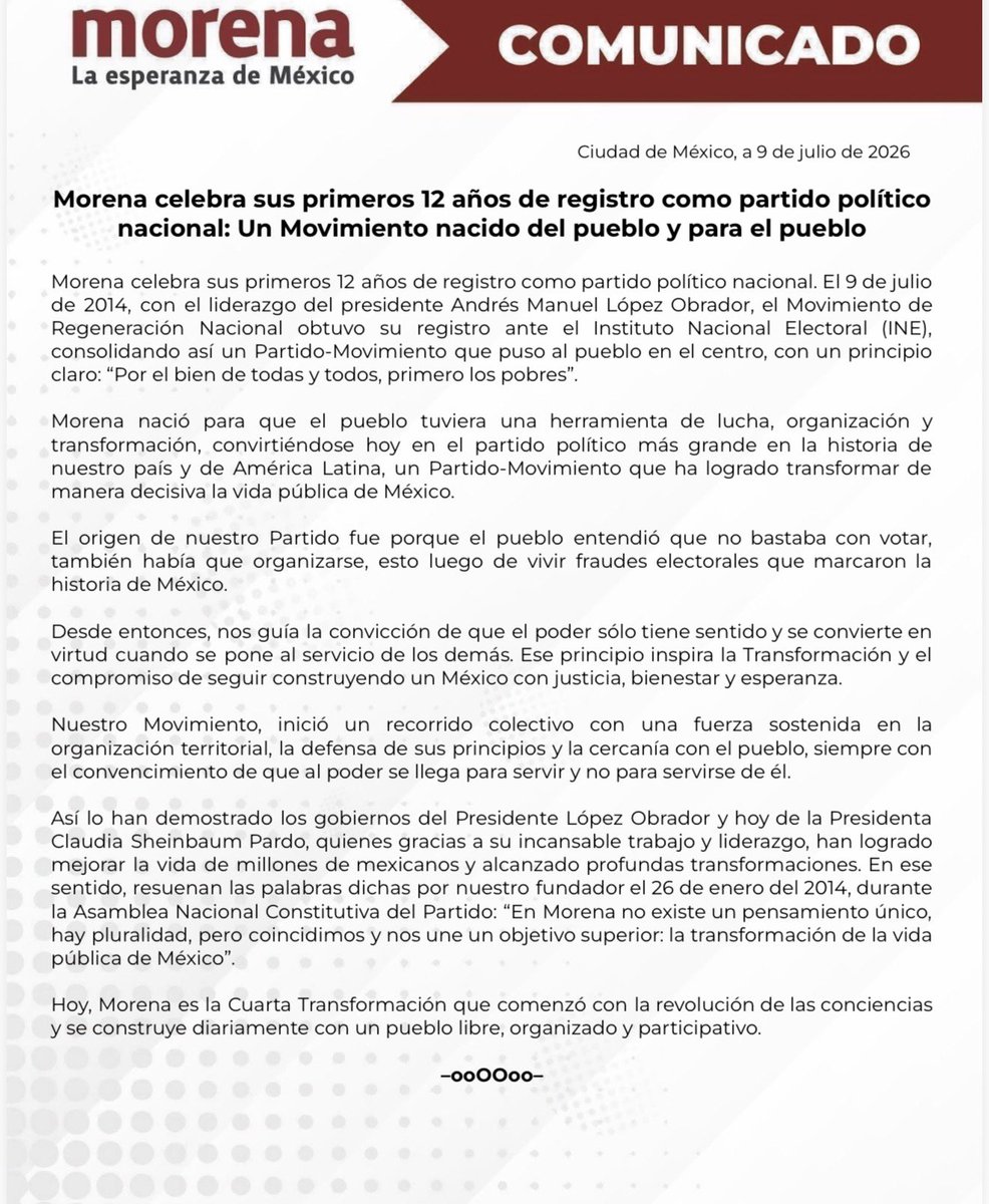 PartidoMorenaMx's tweet photo. 📰 El CEN de Morena comparte comunicado de prensa:

Morena celebra sus primeros 12 años de registro como partido político nacional: Un Movimiento nacido del pueblo y para el pueblo

🔗 https://t.co/RdptD1oRsA https://t.co/DZTvxKaL0k