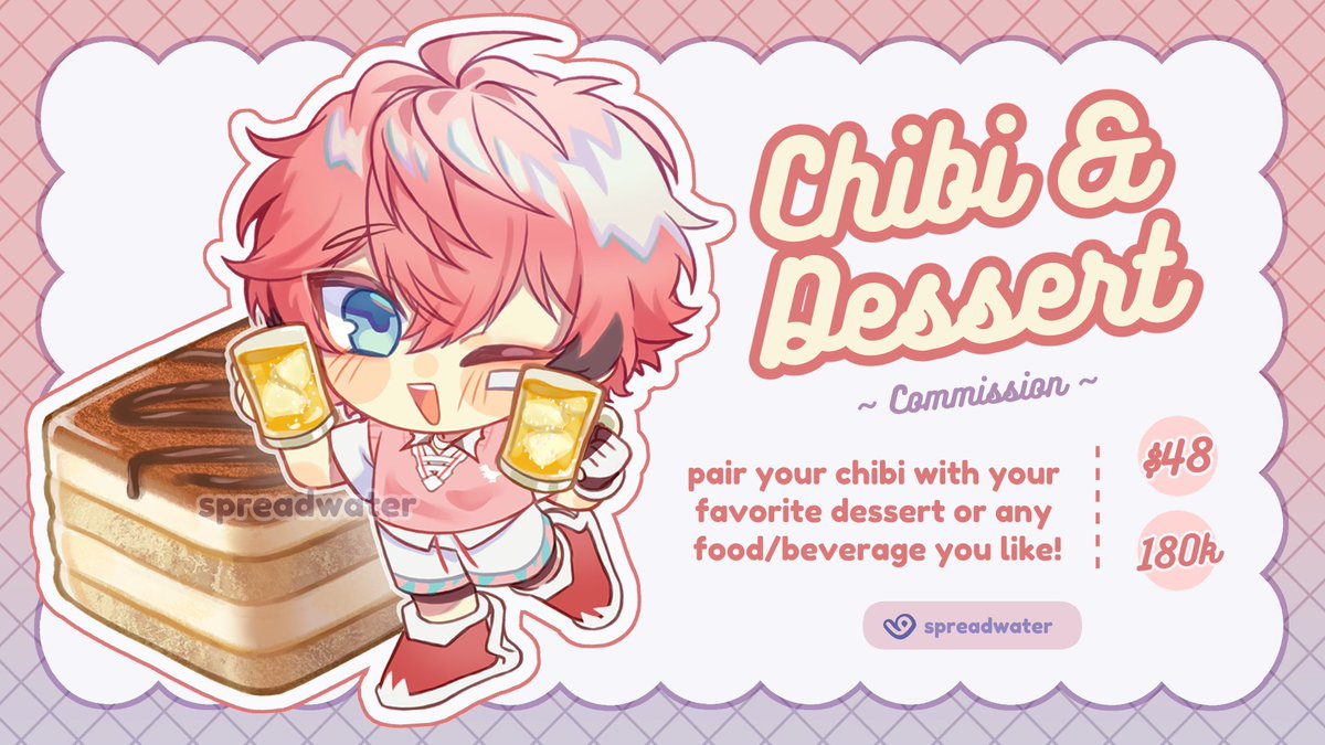 spreadwater's tweet photo. [CHIBI COMMISSION OPEN]

Hi my chibi &amp; dessert cms is open for limited slots :D Please check the samples and ToS below!

✦ for international orders: https://t.co/RVPNufWaEh
✦ for locals: please DM me with the respective language 

thank you so much!! 💖 https://t.co/dqoPHmJmbo
